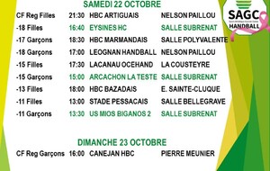 Matchs du weekend du 22 et 23 octobre