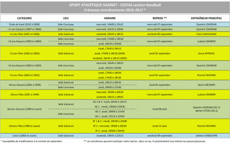 Horaires 2016 -  2017 et jour de reprise !