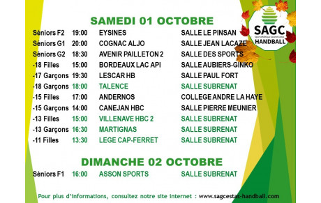 Matchs du weekend du 1er et 2 octobre