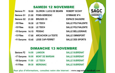 Matchs du weekend du 12 et 13 novembre