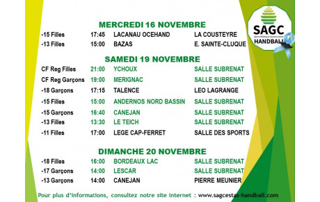 Matchs du mercredi 16 du weekend du 19 et 20 novembre