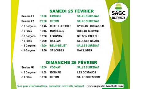 Planning du weekend du 25 et 26 février