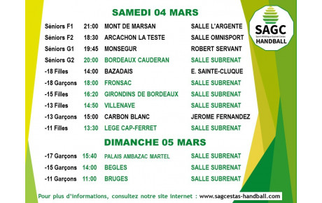 Planning du weekend du 4 et 5 mars